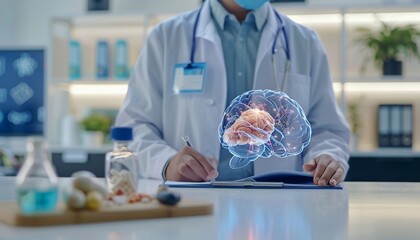 A cardiologist demonstrating a holographic human brain model during a virtual medical concept of medical education and technology in cardiology