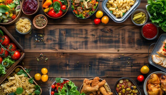 Background picture of a bright colored wooden table with lots of school food and sallad and vegetarian food, chicken with pasta and sauce, meat and potatoes