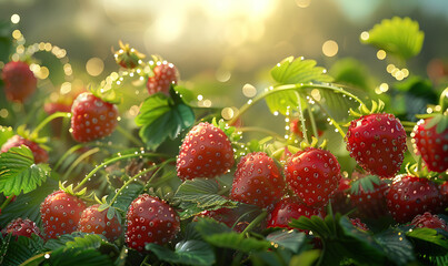 Ripe strawberries glisten with dew in the warm, early morning light. Generate AI - Powered by Adobe
