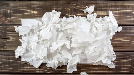 A bunch of white crumpled paper sheets arranged in a messy pile on top of a wooden table