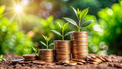 Sustainable Investing with Green Background and Coins: An image focused on a pile of coins with a lush green plant in the background, representing the concept of sustainable and eco-friendly investing