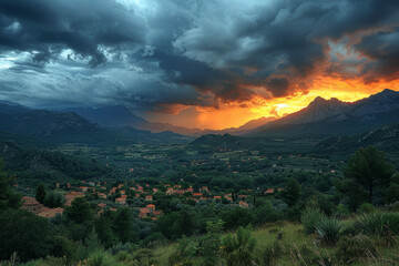 Mountain landscape during a stormy evening, dramatic clouds. AI generated.
