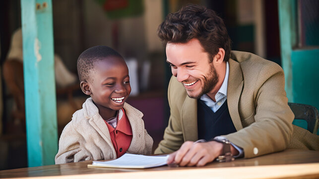 White Smiling Man Teaching African Happy Children In School Class.