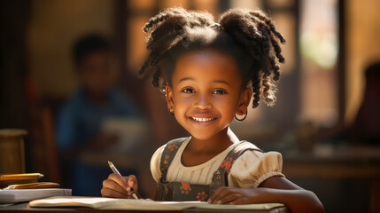 African dark-skinned happy and smiling girl child sitting at a desk at school.