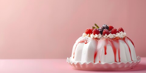 Vividly assembled red and white gelatin Jello mold cake over a white dish with red strawberries over a pale pink backdrop and lovely dessert space, Generative AI.