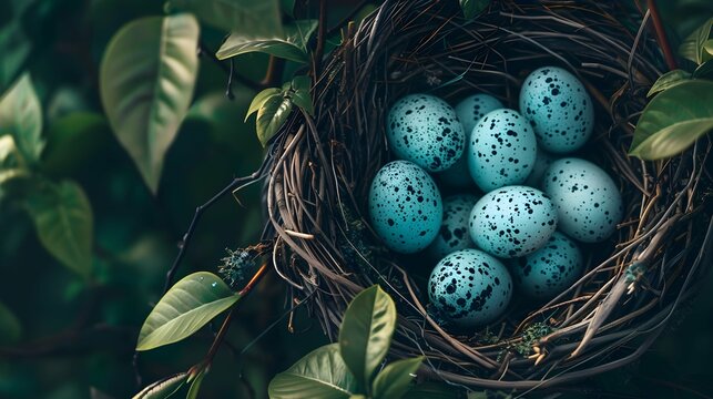 A bird nest containing multiple blue speckled eggs, nestled in a tree branch
