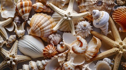 A beautiful arrangement of various seashells delicately placed side by side, creating a harmonious display of natural textures and colors 
