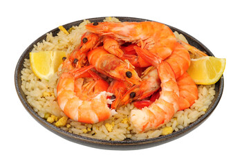Freshly cooked shell on crevettes meal with egg fried rice