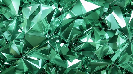 3d render, abstract green crystal background, faceted texture, emerald gem macro, panorama, wide panoramic polygonal wallpaper