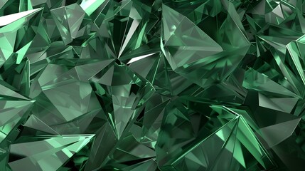 3d render, abstract green crystal background, faceted texture, emerald gem macro, panorama, wide panoramic polygonal wallpaper