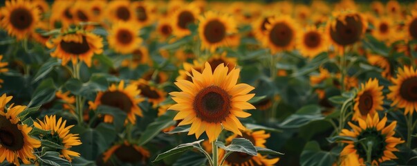 A stunning, golden hour image of a thriving sunflower field with a sunset backdrop. banner
