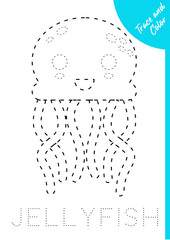 trace book for kids. Coloring and trace cartoon the jellyfish. Activity for preschool and school children. Vector design. Education worksheet Printable A4 size