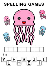 Spell the word. illustration of jellyfish. Spelling game for kids. Education worksheet Printable A4 size