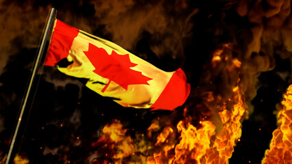 flag of Canada on burning fire background - hard times concept - abstract 3D rendering