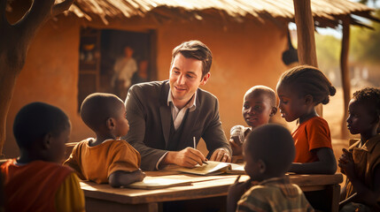 White smiling man teaching African happy children in school class.