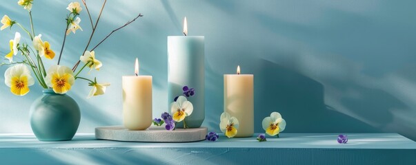 purple flowers and lit candles against a soothing blue background. banner