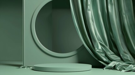 3D display podium, green background with round frame pedestal and flying silk cloth curtain.Nature wind. Beauty, cosmetic product presentation stand. Luxury feminine template 3d render advertisement