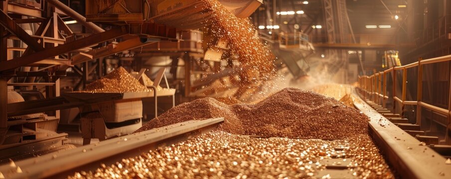 Conveyor belt pouring copper ore at factory.