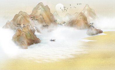 New Chinese style golden landscape painting illustration background