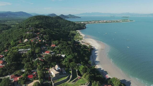 A bird's-eye view captures the scenic coastline of Praia do Forte alongside Jurer&ecirc; Internacional and Daniela Beach in Florianopolis, Santa Catarina, Brazil.