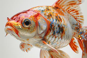 A gold and orange fish with a black eye is swimming in a glass tank