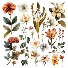 Vintage Botanical Illustration Set with Various Flowers and Plants
