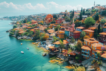 Fototapeta premium A beautiful city with a blue ocean in the background