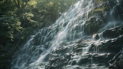  waterfall cascading down a rocky cliffside, its powerful flow illuminated by sunlight filtering through the trees, captured with a slow shutter speed to emphasize the dynamic movement of the water. 