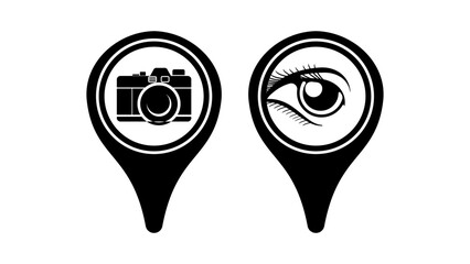 Tourist Camera Attraction emblem, black isolated silhouette