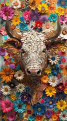 A cow with a flowery head is painted on a canvas