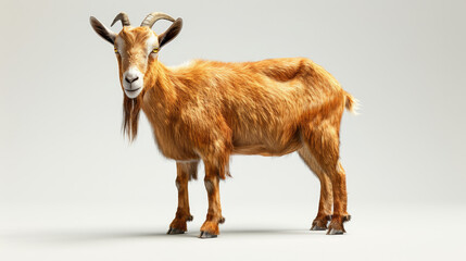 A goat with horns stands in front of a white background