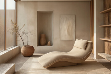 Scandinavian countryside home living room with minimalist earth tone design, evening light and wood textures creating a tranquil atmosphere.
