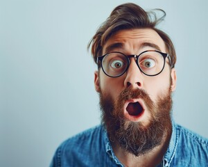 Surprised Bearded Man with Glasses Expressing Shock on Blue Background