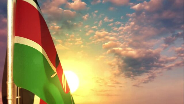 Kenya waving flag on nice sunrise bg