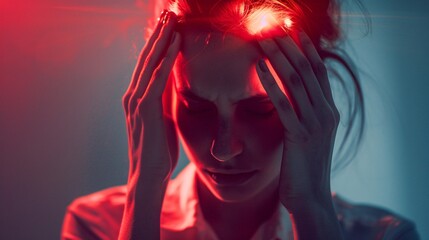 a woman holding her head with red light