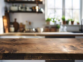 a wooden table in front of a kitchen