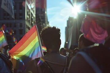 Pride march with a distinctive rainbow flag.