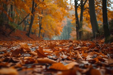 Autumn orange leaves on the ground and trees in the background