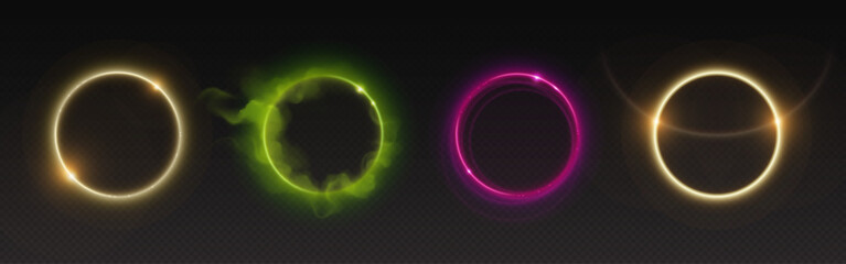Halo light effects set isolated on transparent background. Vector realistic illustration of neon yellow, green, pink rings glowing in darkness, round energy swirl in cloud of gas, shimmering particles