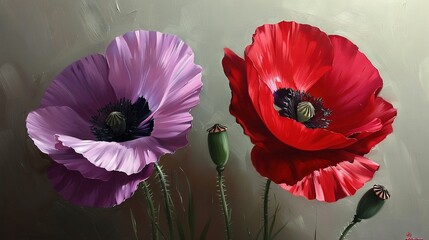   A painting of red and purple flowers on a white wall, with green stems in the foreground and one prominent green stem