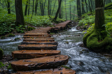 Fototapeta premium Rustic wooden bridge over a serene forest stream on a lush woodland path. AI generated.
