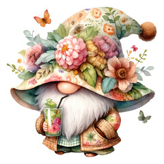 A cute cartoon gnome wearing a hat decorated with flowers and greenery is drinking a tropical drink. The gnome is standing in a field of flowers and is surrounded by butterflies.