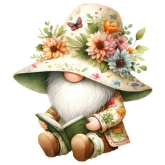 A cute cartoon gnome wearing a hat decorated with flowers is reading a book.