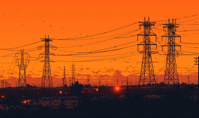 Fototapeta premium Highvoltage towers stand tall against the backdrop of an orange sky at dusk, casting long shadows on the ground below. 