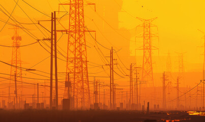 Fototapeta premium Highvoltage towers stand tall against the backdrop of an orange sky at dusk, casting long shadows on the ground below. 