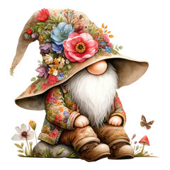 A cute cartoon gnome with a floral hat and boots is sitting on a rock in a field of flowers.