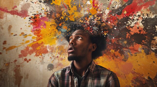 The picture that about the human face with different facial expression with colourful blowing effect near their head that can be portrayed feeling when they received too much the information. AIGX03.