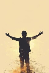 Fototapeta premium Silhouette of a man with open arms on abstract grunge background. Digital art. Freedom and achievement concept. Design for poster, motivational material.
