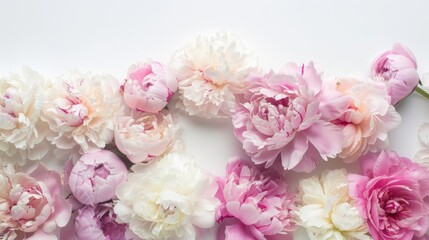 A border composed of fluffy peonies in pastel colors. The peonies are lush and full, providing a perfect canvas for Valentine's Day text. 