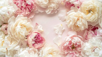 A border composed of fluffy peonies in pastel colors. The peonies are lush and full, providing a perfect canvas for Valentine's Day text. 
